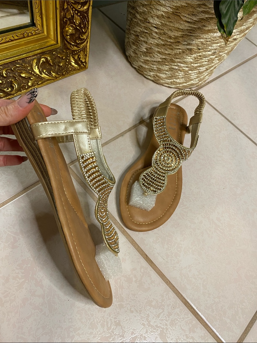 Tiara Gold Beaded T-Strap Slingback Sandals